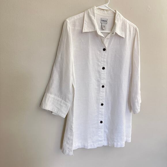 Chico's Women's LARGE Linen Button Front 3/4 Sleeve Shirt Summer Nautical White - Picture 7 of 11